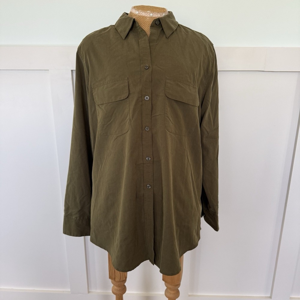 Chicos Button Up Shirt Size 12 (Large) Olive green Long Sleeve Modal Blend Soft